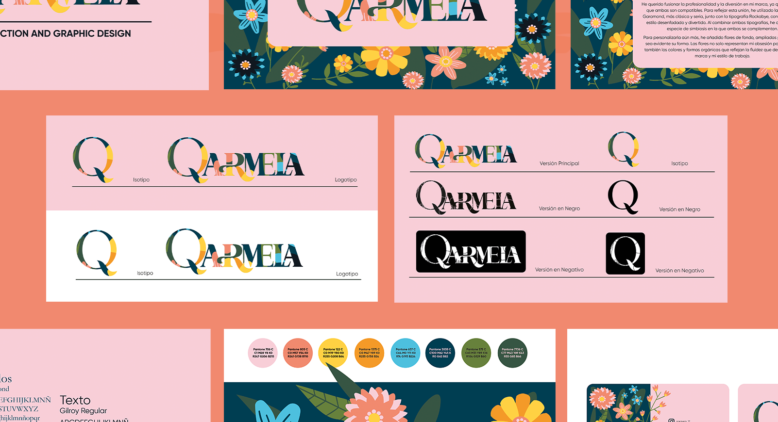 Qarmela — brand identity board showing logo variations, color palette with coral, green, yellow and blue, typography specimens